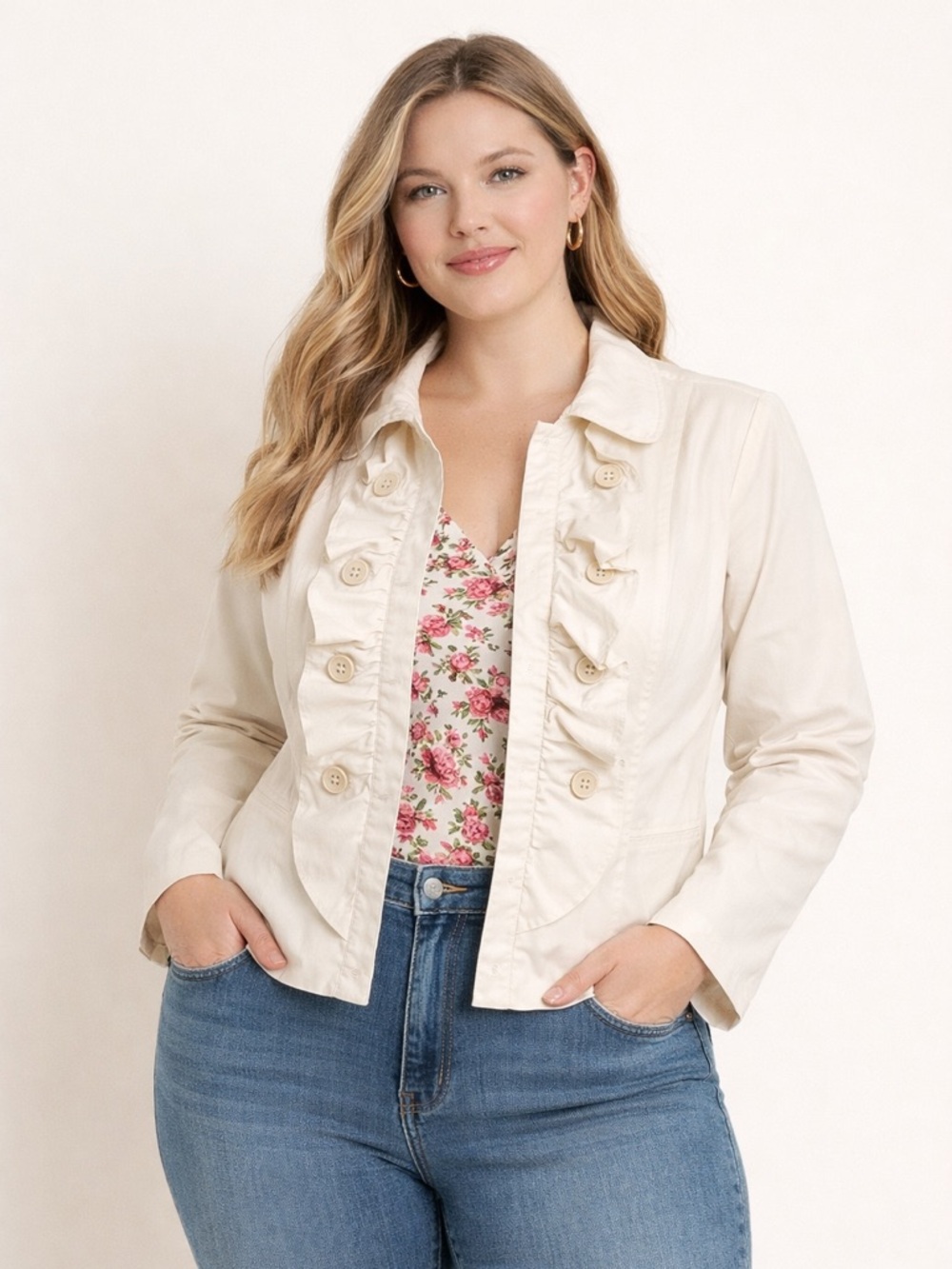 For Cynthia Cream Ruffled Blazer